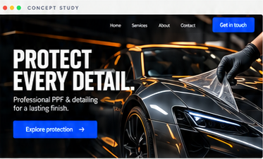 Concept study: PPF and detailing website showing protective film applied to a black car